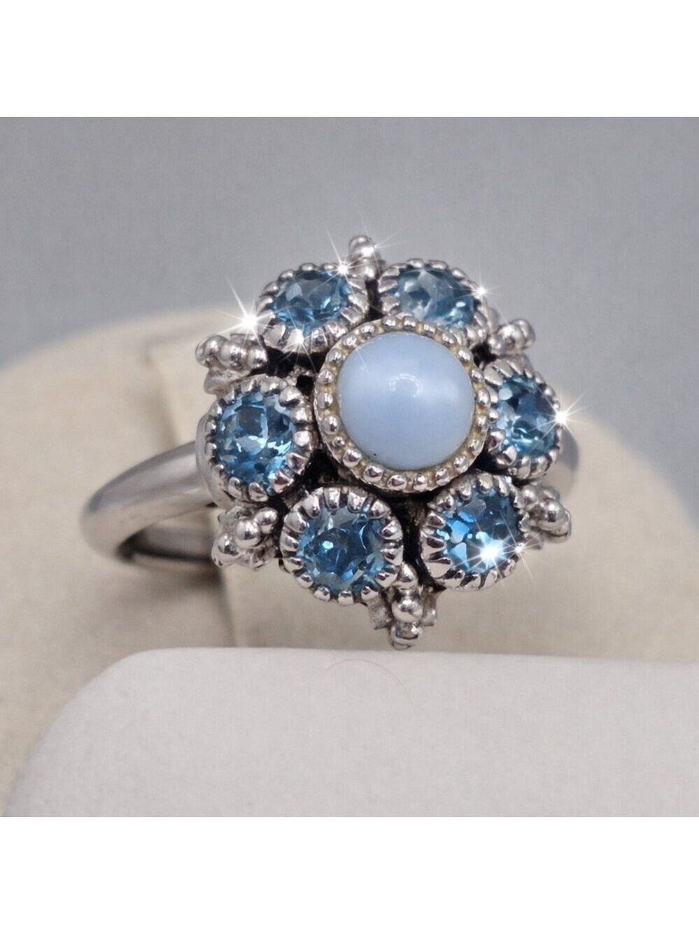 Vintage 1974 Avon Moon Magic Blue Moonstone Ring Silver Size Adjustable 5 - 6.5